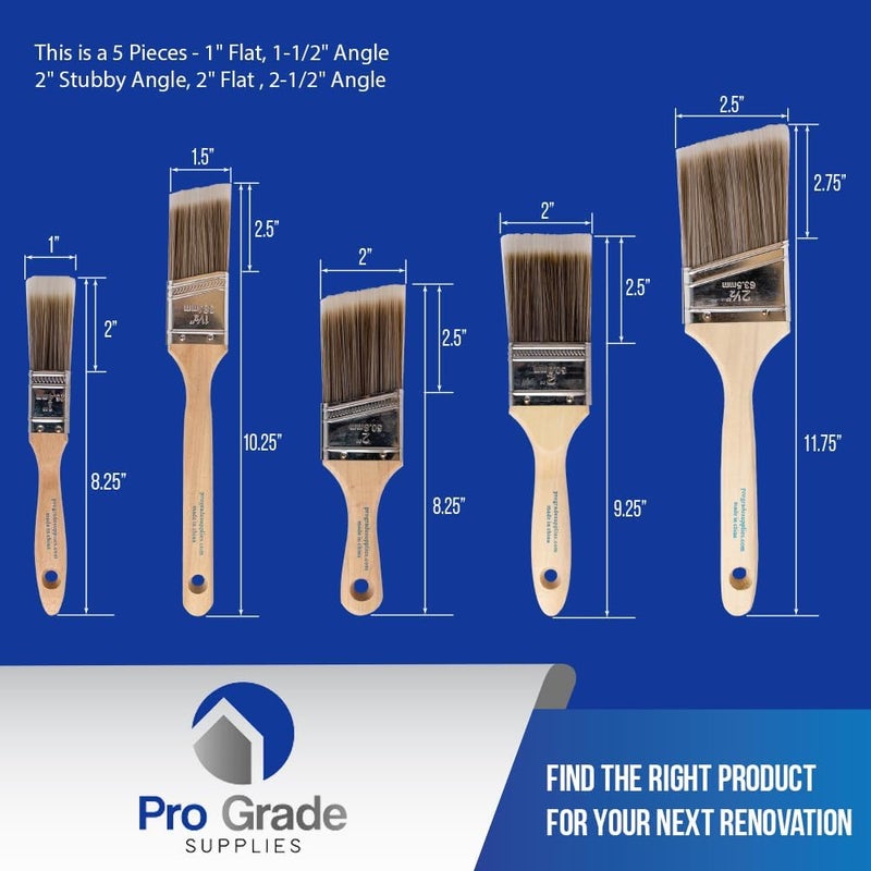 Pro-Grade , Paint Brushes, 5-Piece, Paint Brush Set: Flat & Angle Brushes for Latex and Oil Paints, Stains, Interior & Exterior Home Improvement - Image 2
